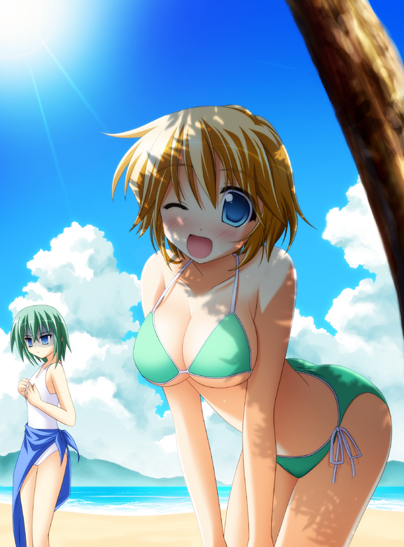 tsuda akira, iwasaki minami, patricia martin, lucky star, 00s, 2girls, beach, bent over, bikini, blonde hair, blue eyes, blush, breast envy, breasts, breasts squeezed together, cleavage, cloud, day, flat chest, green hair, large breasts, multiple girls, one-piece swimsuit, one eye closed, outdoors, sarong, shade, shaded face, short hair, side-tie bikini bottom, sun, swimsuit, tree, tree shade, wink