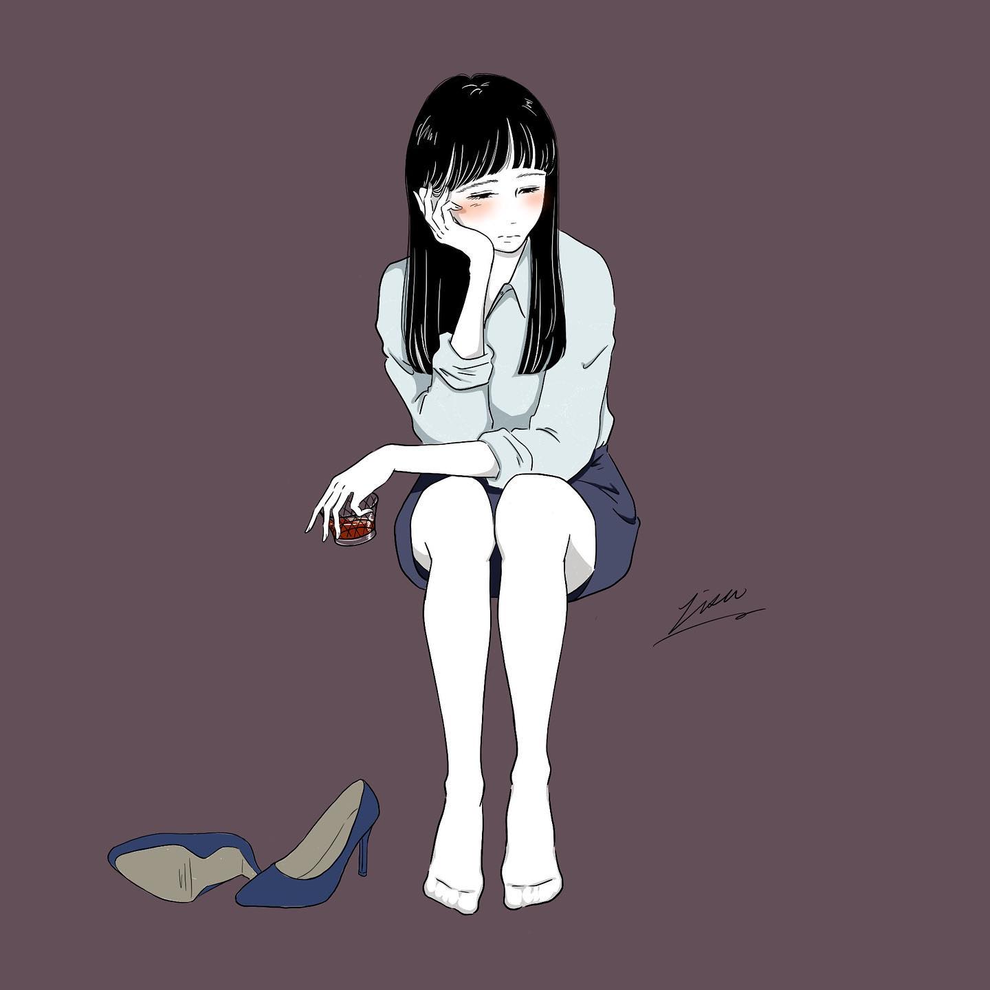 lisa (illustsan430), original, commentary request, highres, 1girl, alcohol, arm on thigh, artist name, black hair, blue shoes, blue skirt, blush, closed mouth, collared shirt, cup, drinking glass, elbow on thigh, frown, full body, hair over shoulder, half-closed eyes, hand up, head on hand, high heels, holding, holding cup, invisible chair, long hair, looking down, no shoes, pantyhose, purple background, rocks glass, shirt, shoes, signature, simple background, sitting, skirt, sleeves rolled up, solo, split mouth, three-quarter sleeves, unworn shoes, white pantyhose, white shirt