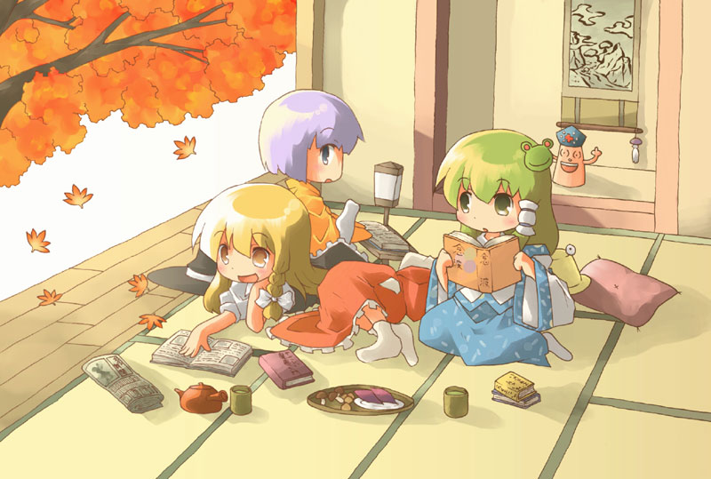 ara ta, harada (sansei rain), hakurei reimu, hieda no akyuu, kirisame marisa, kochiya sanae, moriya suwako, yagokoro, yagokoro eirin, perfect memento in strict sense, touhou, bad id, bad pixiv id, 4girls, blonde hair, book, cup, female focus, food, green hair, hanging scroll, hat, japanese clothes, leaf, long hair, miko, multiple girls, purple hair, ribbon, scroll, short hair, tatami, tea, tree, yunomi