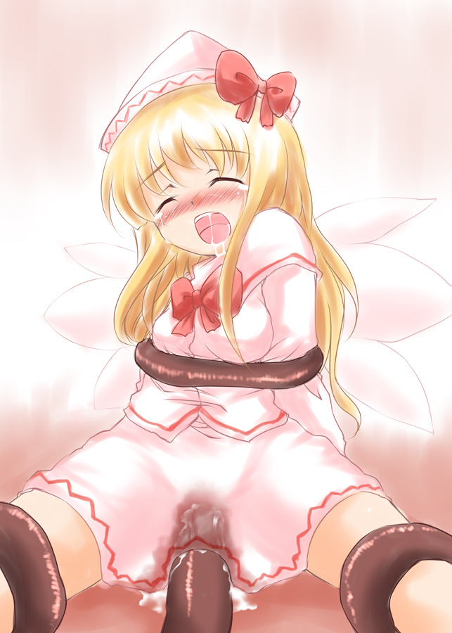 sekiri, lily white, touhou, 1girl, blonde hair, breasts, clothed sex, cum, cum in pussy, female focus, hat, loli, long hair, saliva, small breasts, solo, tentacle sex, tentacles, uncensored, wings