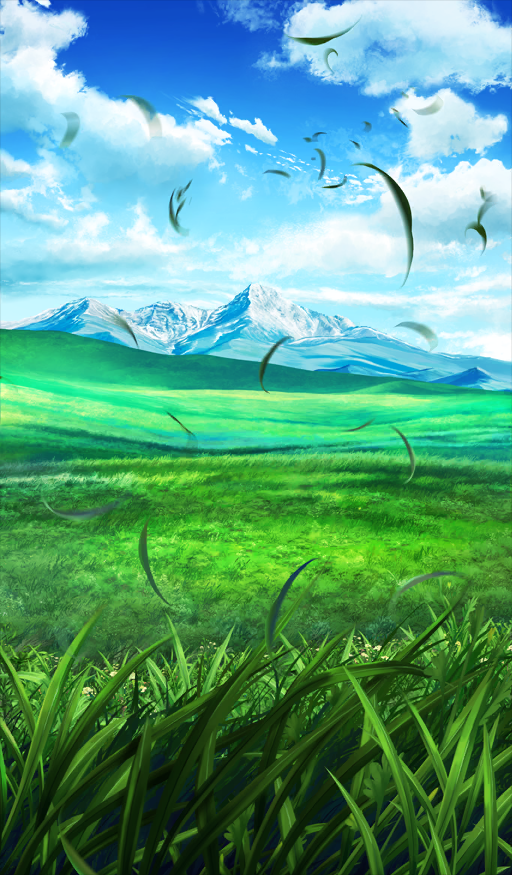 tsuduki neko, fate/grand order, fate (series), commentary request, game cg, official art, third-party source, blue sky, cloud, day, grass, mountain, mountainous horizon, nature, no humans, outdoors, scenery, sky, still life, wind