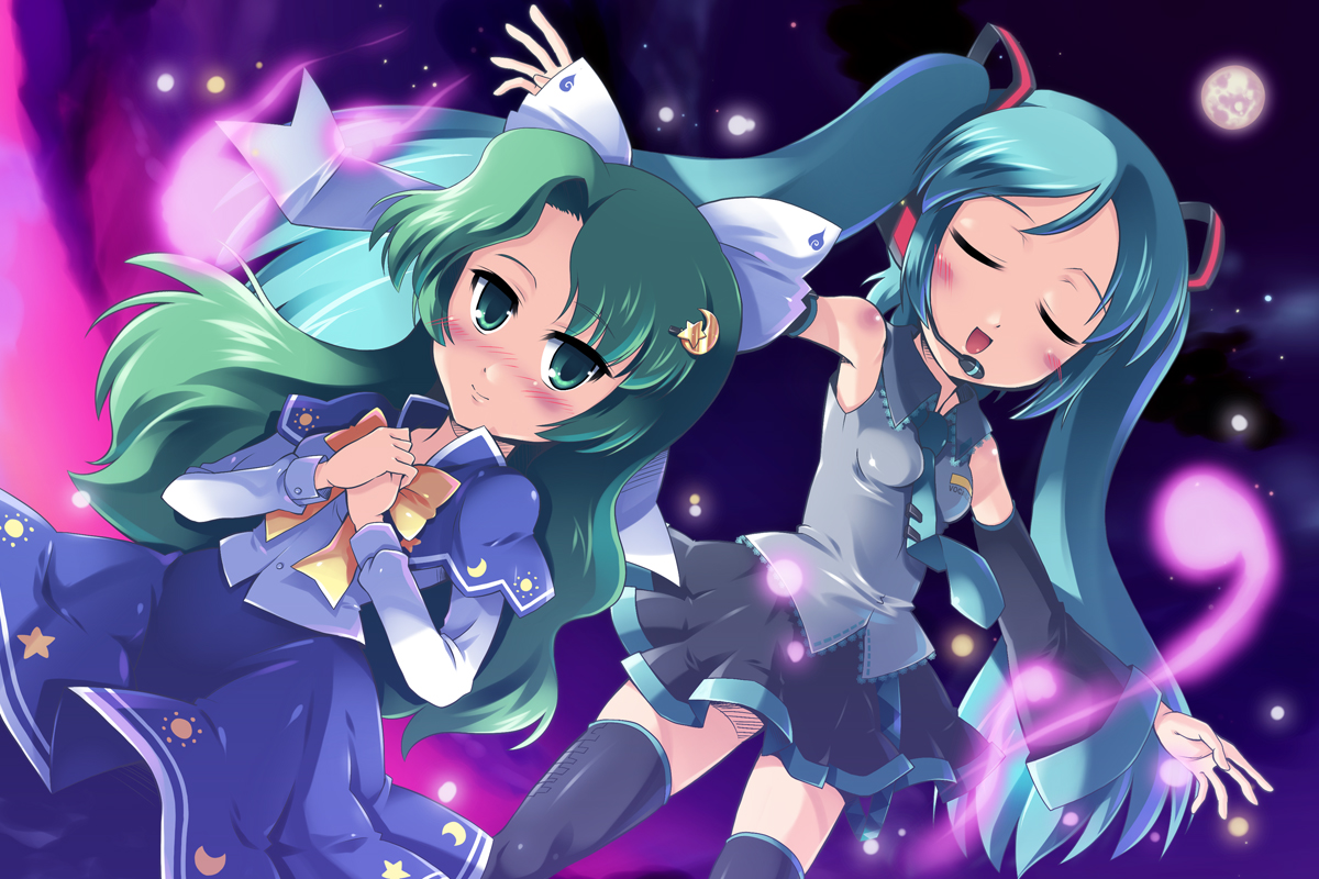 morujii, hatsune miku, mima (touhou), touhou, touhou (pc-98), vocaloid, crossover, green hair, hat, long hair, no headwear, ribbon, skirt, socks, twintails, wizard hat