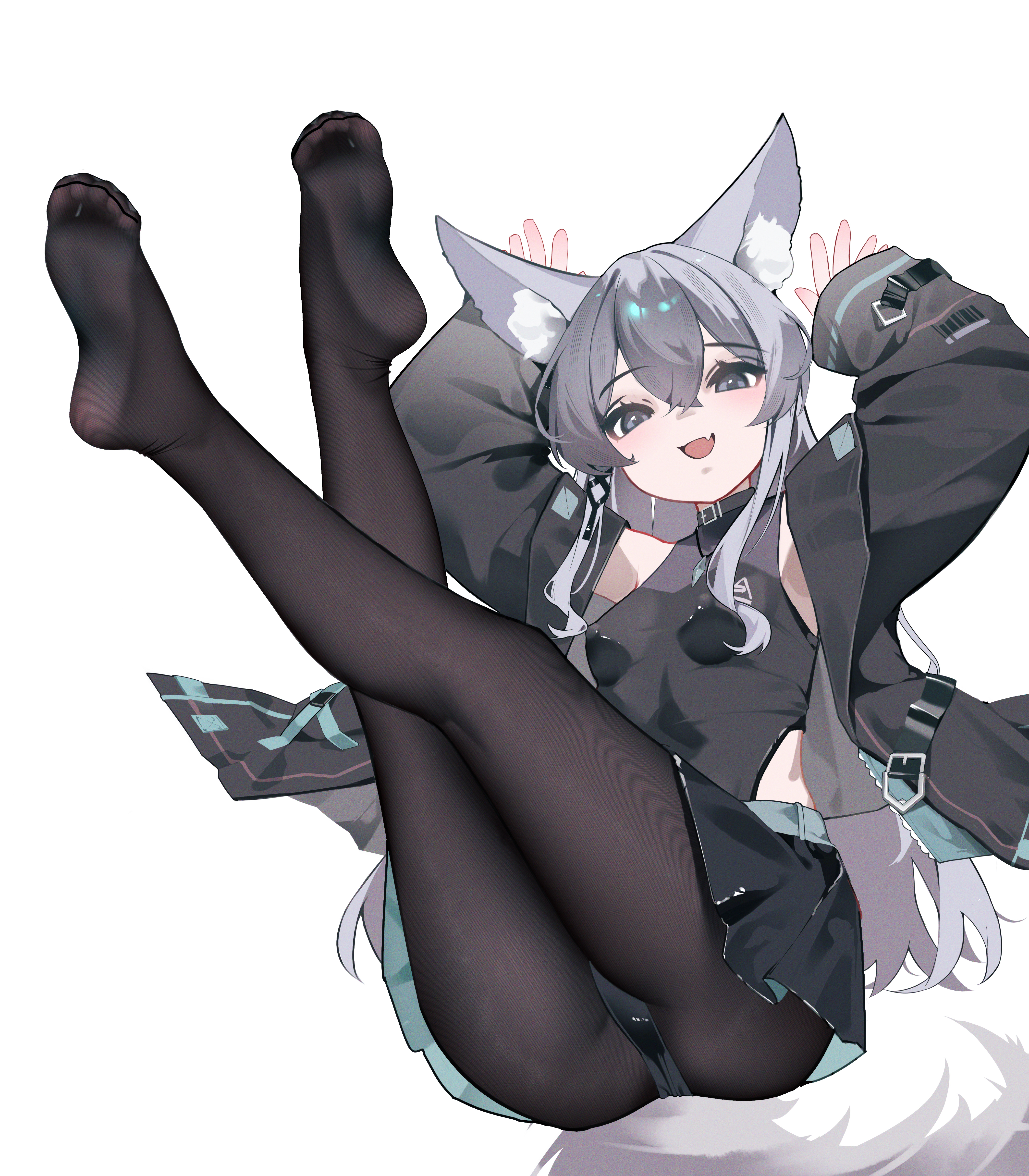 shangtianrudi xiaobailang, original, absurdres, highres, 1girl, animal ear fluff, animal ears, armpits, belt collar, black collar, black jacket, black leotard, black skirt, black thighhighs, blush, breasts, collar, covered erect nipples, fang, grey eyes, grey hair, hair between eyes, jacket, legs up, leotard, long hair, looking at viewer, open mouth, simple background, sitting, skin fang, skin tight, skirt, small breasts, smile, soles, solo, tail, thighhighs, toes, very long hair, white background, wolf ears, wolf girl, wolf tail