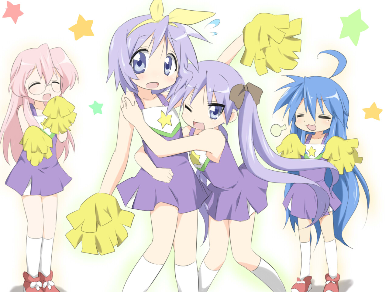 maruki (punchiki), hiiragi kagami, hiiragi tsukasa, izumi konata, takara miyuki, lucky star, bad id, bad pixiv id, 00s, 4girls, ahoge, blue eyes, blue hair, cheerleader, closed eyes, glasses, hug, kneehighs, long hair, mole, mole under eye, multiple girls, one eye closed, pink hair, pom pom (cheerleading), purple hair, ribbon, socks, twintails, wink