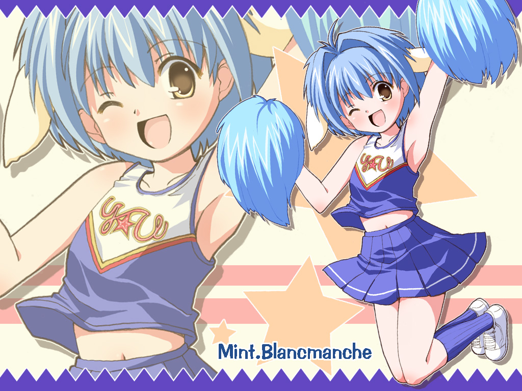 mint blancmanche, galaxy angel, non-web source, 00s, 1girl, animal ears, blue hair, blue skirt, character name, cheerleader, female focus, jumping, navel, one eye closed, pom pom (cheerleading), short hair, skirt, solo, wink, yellow eyes, zoom layer