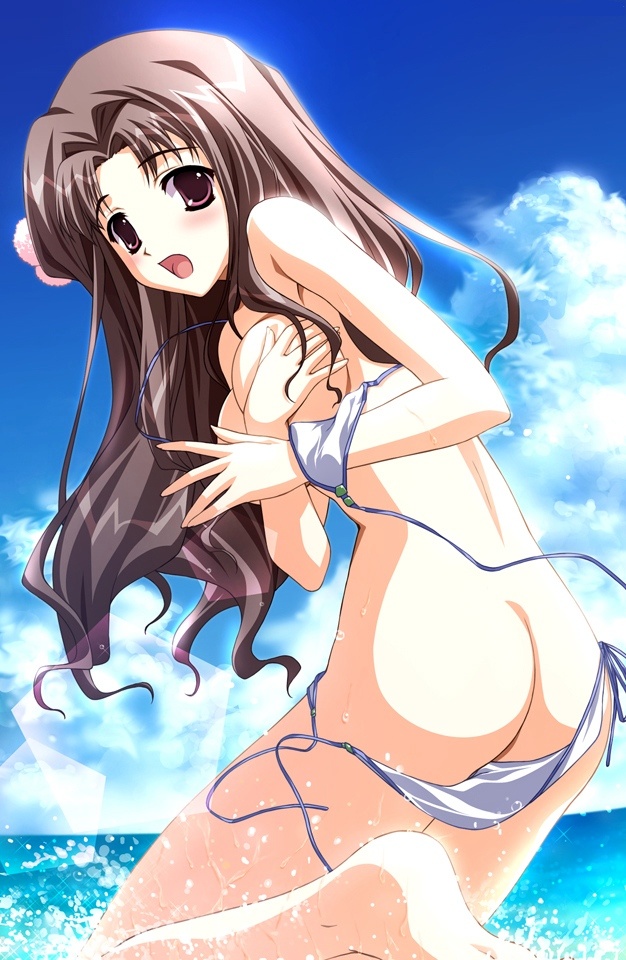 asou touri, doko e iku no ano hi, untied, 1girl, ass, beach, bikini, brown eyes, brown hair, day, female focus, long hair, outdoors, side-tie bikini bottom, solo, splashing, swimsuit, wardrobe malfunction, water, white bikini