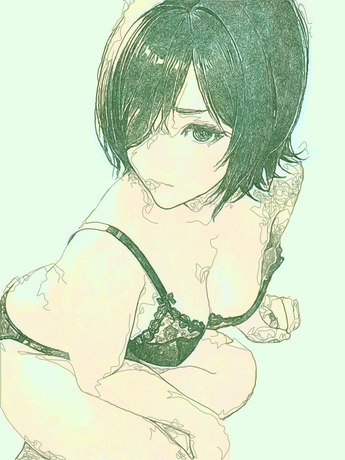 himeno (chainsaw man), chainsaw man, highres, tagme, 8thcorpse, bra, breasts, cleavage, green hair, green theme, hair over one eye, lingerie, looking at viewer, looking to the side, panties, short hair, sitting, underwear