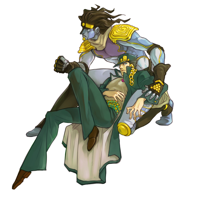 raizou, kuujou joutarou, star platinum, jojo no kimyou na bouken, belt, black hair, blue eyes, chain, fingerless gloves, gakuran, gloves, hat, long coat, lying, male focus, school uniform, serafuku, stand (jojo), taira (pixiv109185)