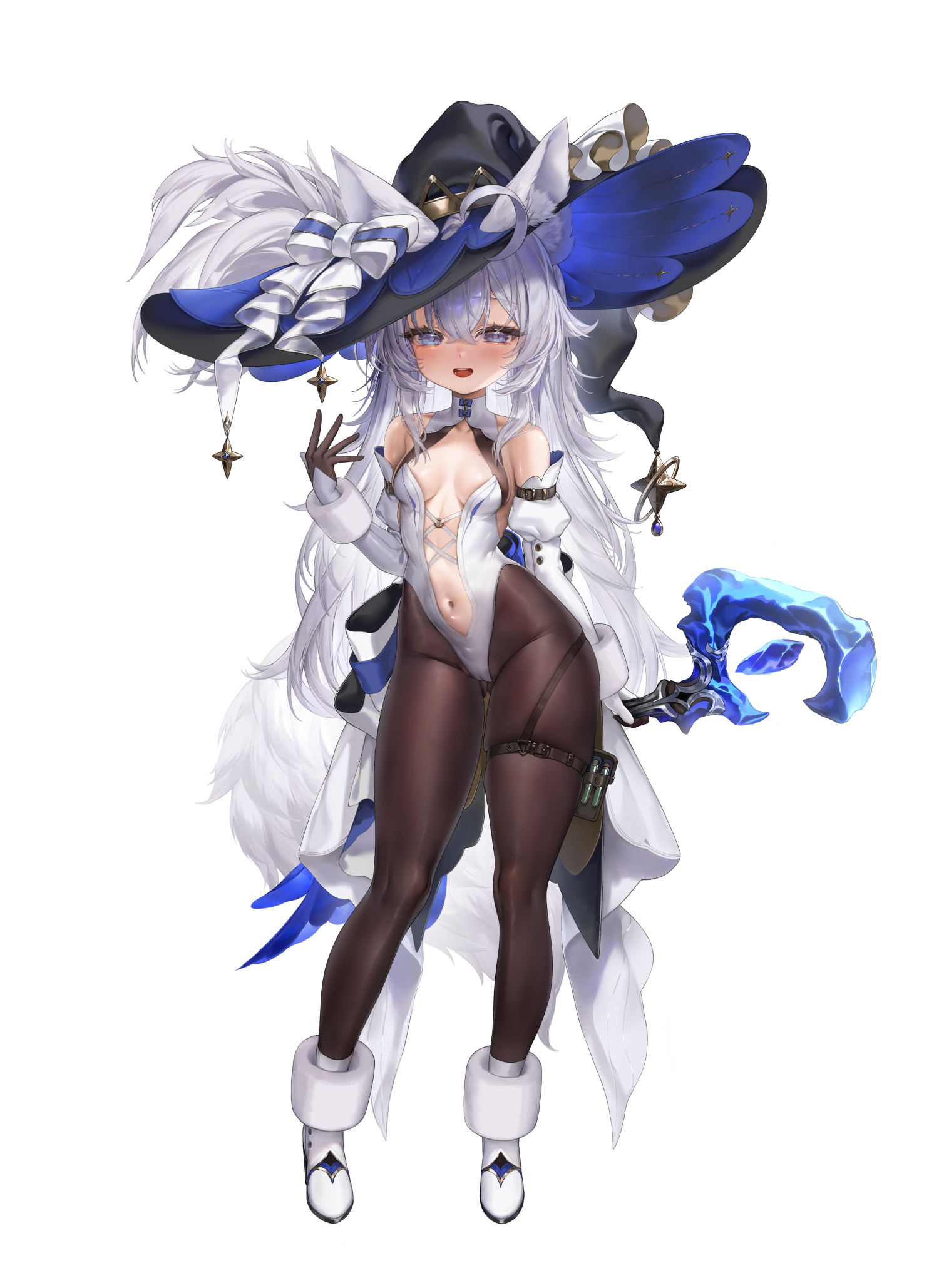 taitai, original, commission, highres, second-party source, 1girl, animal ear fluff, animal ears, belt, black pantyhose, blue eyes, blush, breasts, ears through headwear, full body, fur anklet, groin, hair between eyes, hat, holding, holding staff, large hat, leotard, long hair, looking at viewer, mage staff, navel, open mouth, pantyhose, shoes, simple background, small breasts, smile, solo, staff, tail, very long hair, white background, white hair, white leotard, white shoes, white sleeves, witch hat, wolf ears, wolf girl, wolf tail