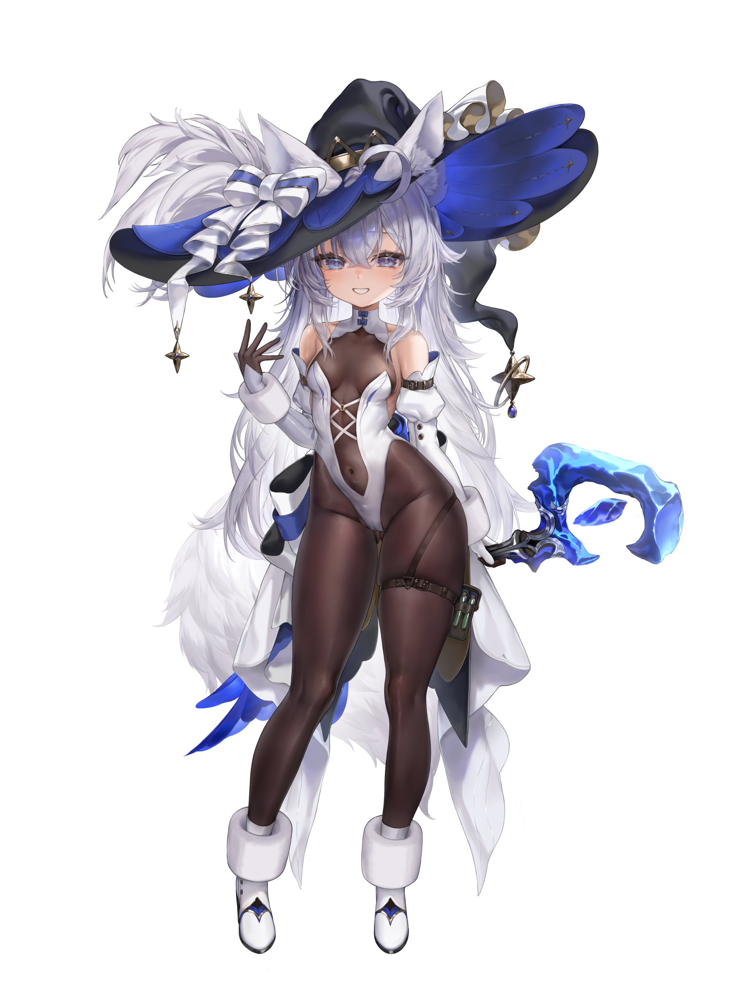 taitai, original, black bodystocking, commission, highres, second-party source, 1girl, animal ear fluff, animal ears, belt, blue eyes, blush, breasts, covered navel, ears through headwear, full body, fur anklet, groin, hair between eyes, hat, holding, holding staff, large hat, long hair, looking at viewer, mage staff, open mouth, shoes, simple background, small breasts, smile, solo, staff, tail, teeth, very long hair, white background, white hair, white shoes, white sleeves, witch hat, wolf ears, wolf girl, wolf tail