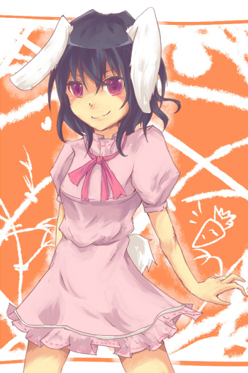hisona (suaritesumi), inaba tewi, touhou, bad id, bad pixiv id, 1girl, animal ears, black hair, female focus, rabbit ears, ribbon, short hair, solo, standing