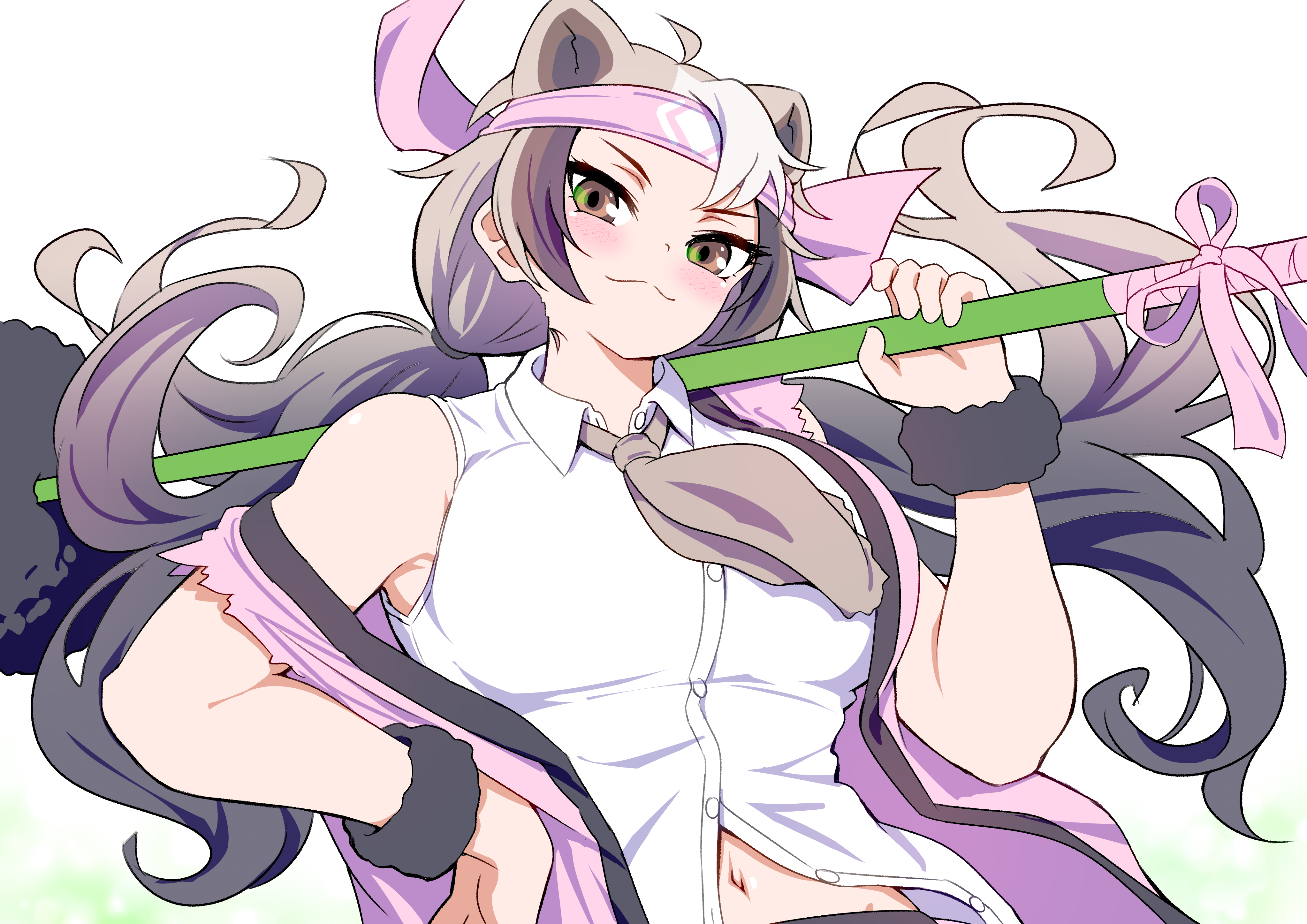 mamiyama, ezo brown bear (kemono friends), kemono friends, absurdres, highres, ahoge, animal ears, bear ears, bear girl, black hair, blush, bracelet, breasts, brown eyes, extra ears, fur bracelet, fur cuffs, grey hair, headband, jewelry, long hair, looking at viewer, multicolored hair, necktie, paw stick, pink headband, shirt, smile, torn clothes, torn sleeves, twintails, two-tone hair
