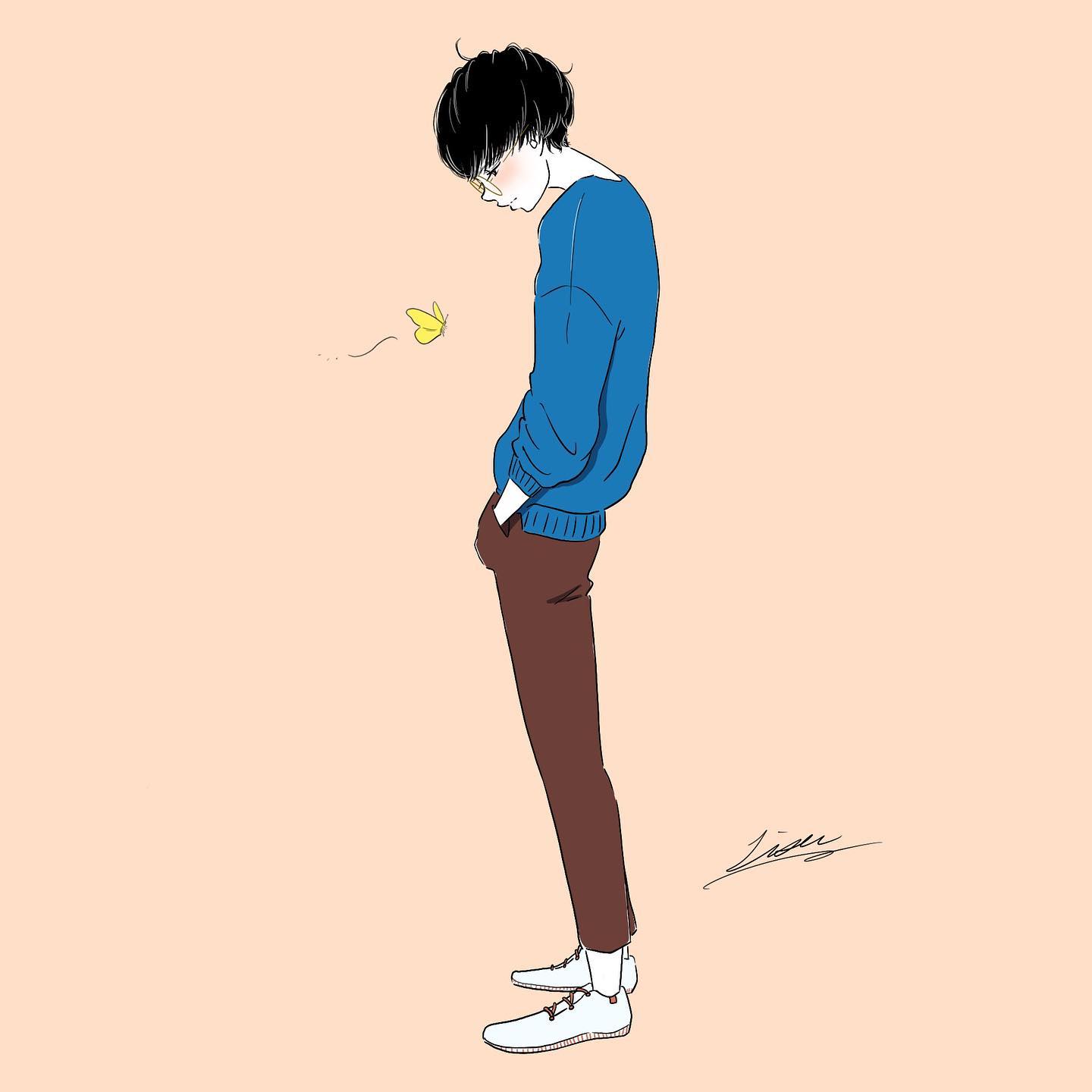 lisa (illustsan430), original, commentary, commentary request, english commentary, highres, mixed-language commentary, 1boy, artist name, black hair, blue sweater, blush, brown pants, bug, butterfly, capri pants, closed mouth, from side, full body, glasses, hands in pockets, head down, insect, long sleeves, looking at animal, looking down, male focus, orange background, pants, profile, round eyewear, shoes, short hair, signature, simple background, sleeve pushed up, solo, standing, sweater, white shoes, yellow butterfly
