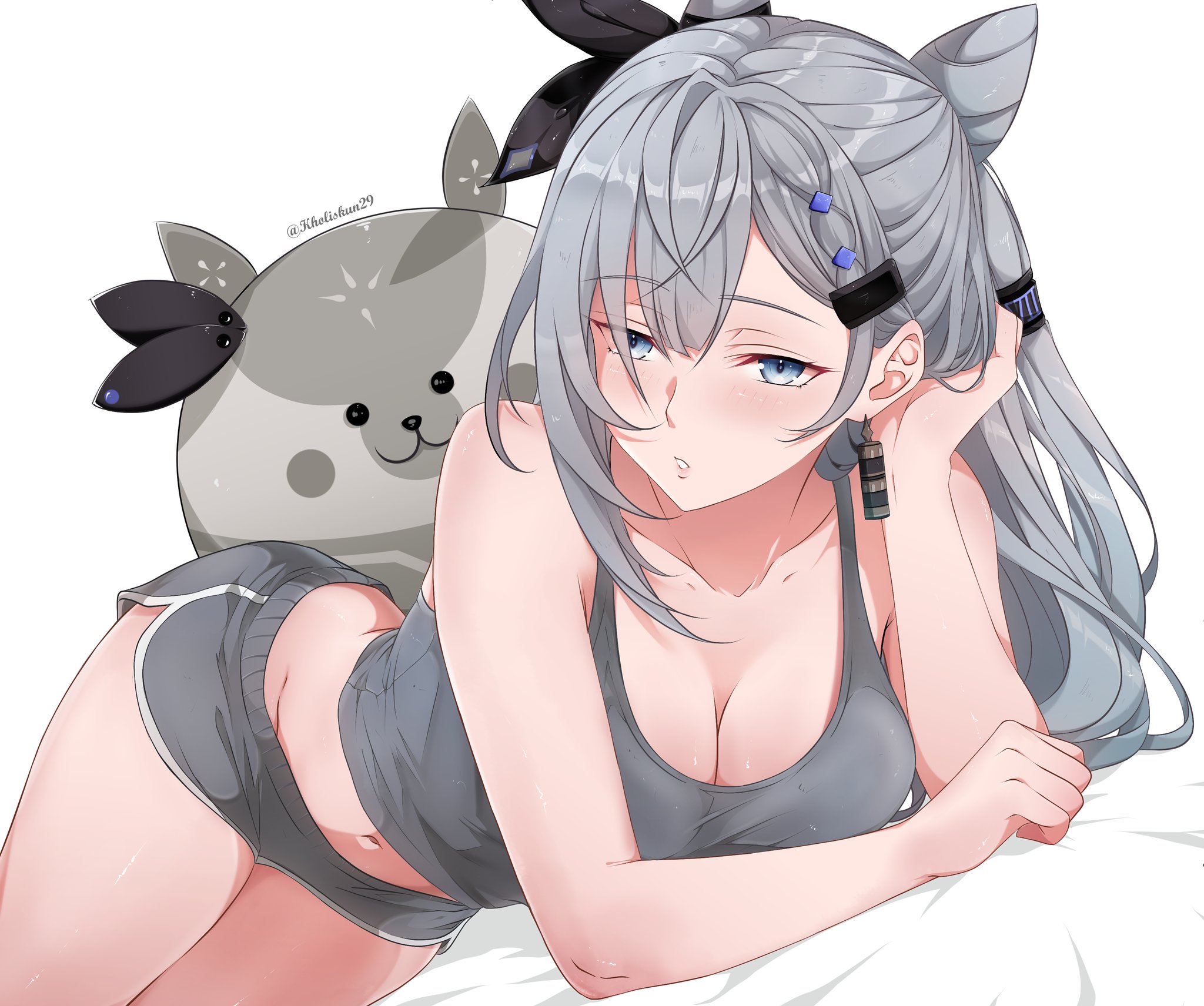 horisu (kholiskun), bazo (vestia zeta), vestia zeta, hololive, hololive indonesia, highres, 1girl, blue eyes, breasts, camisole, cleavage, cone hair bun, dolphin shorts, earrings, grey camisole, grey hair, grey shorts, hair bun, jewelry, lying, meme, midriff, navel, on side, shorts, single earring, twitter username, virtual youtuber, which holomem looks best in these? (meme), white background