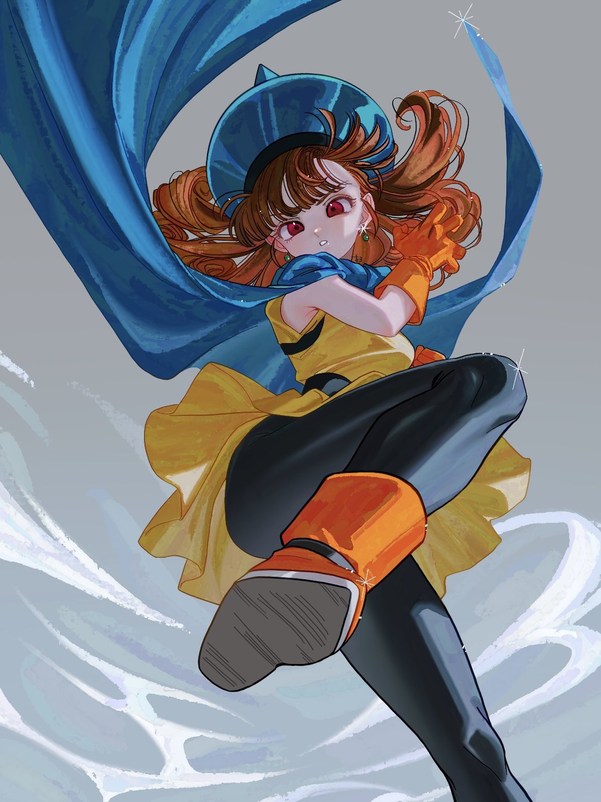 okita (sukult 4), alena (dq4), dragon quest, dragon quest iv, highres, 1girl, belt, black belt, black pantyhose, blue cape, blue hat, blunt bangs, boots, cape, cape hold, curly hair, dress, dust cloud, earrings, fighting stance, floating cape, floating hair, foot out of frame, glint, gloves, grey background, hat, jewelry, kicking, long hair, looking at viewer, orange boots, orange gloves, orange hair, pantyhose, parted lips, red eyes, solo, sphere earrings, tunic, yellow dress, yellow tunic