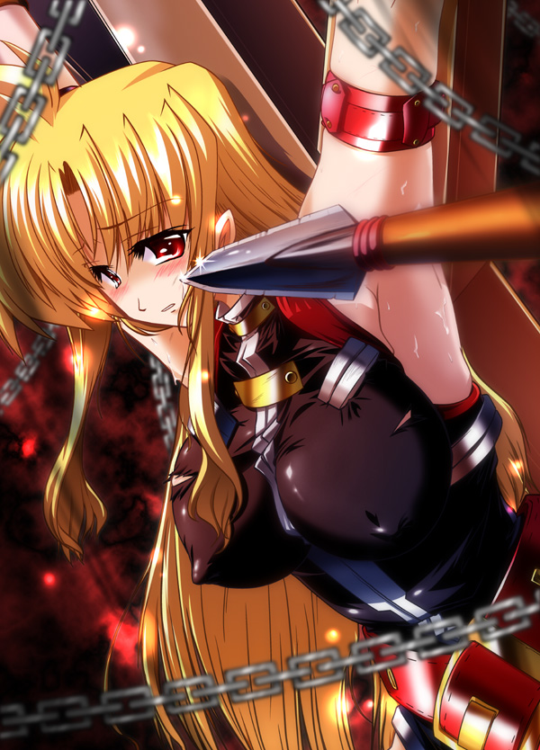45acp, fate testarossa, fate testarossa (true sonic form), lyrical nanoha, mahou shoujo lyrical nanoha, mahou shoujo lyrical nanoha a's, mahou shoujo lyrical nanoha strikers, 00s, 1girl, armpits, arms up, bdsm, blonde hair, blush, bondage, bound, breasts, covered erect nipples, female focus, large breasts, solo, sweat, weapon