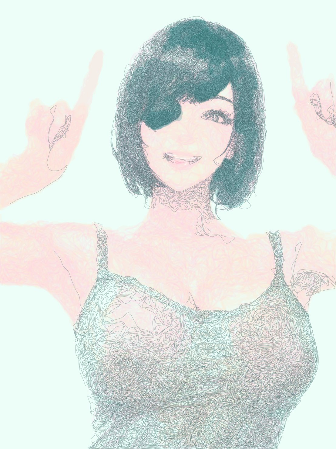 himeno (chainsaw man), chainsaw man, highres, tagme, 1girl, 8thcorpse, arms up, black hair, breasts, cow horns, eyepatch, gesture, grey tank top, horns, large breasts, looking at viewer, pointing, pointing up, short hair, smile, tank top