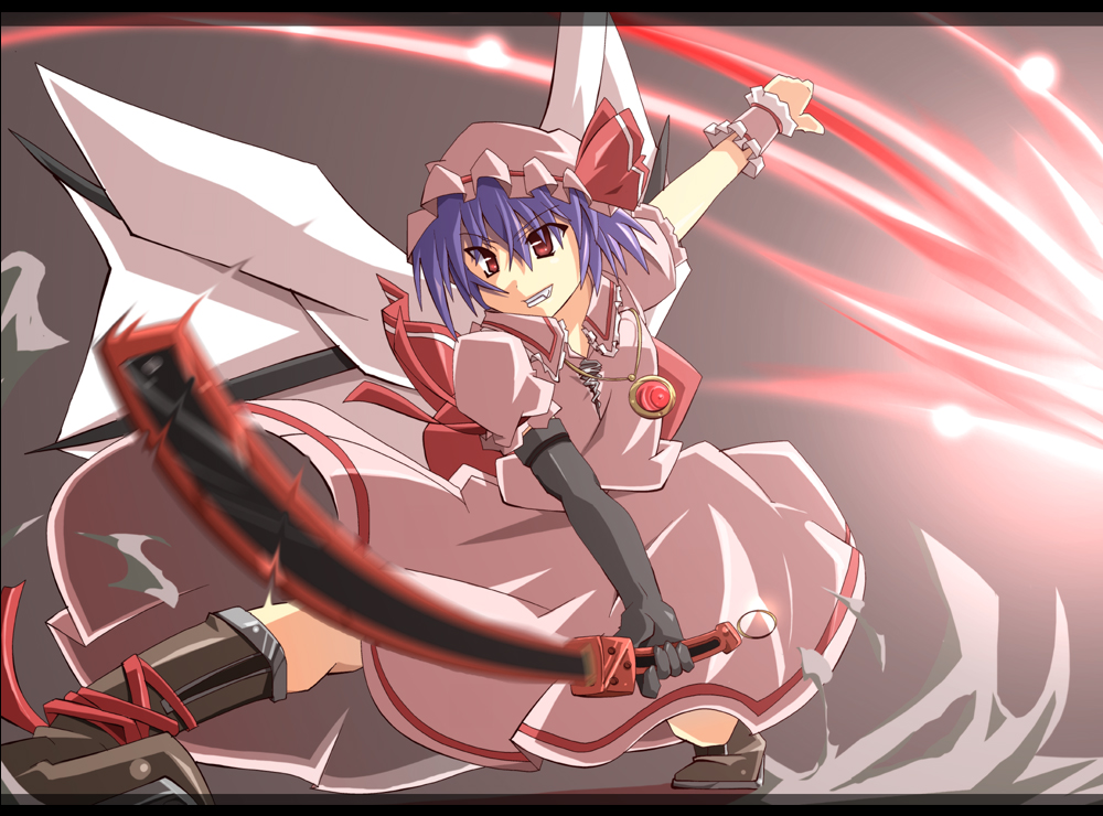 shin'ya (nanp), remilia scarlet, touhou, 1girl, blue hair, female focus, gradient background, hat, ribbon, short hair, skirt, solo, sword, weapon, wings