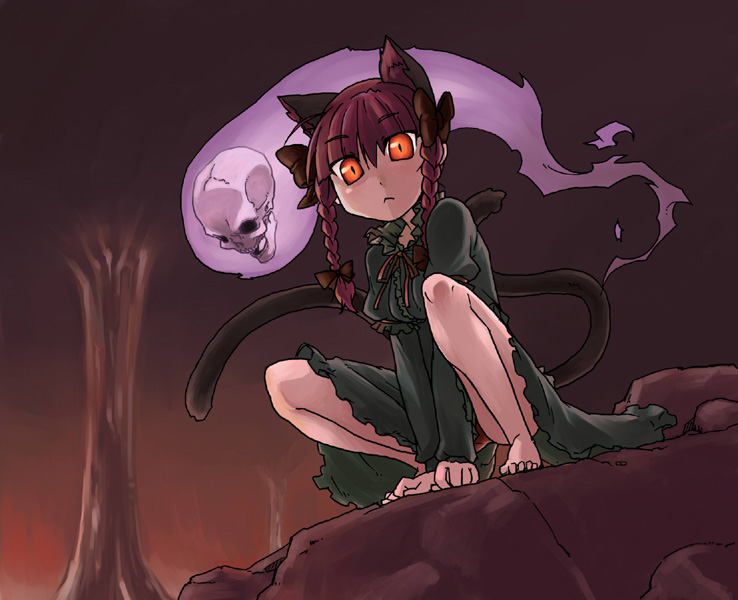fenne, phenne, kaenbyou rin, touhou, 1girl, :<, animal ears, arm support, barefoot, braid, cat ears, cat girl, cat tail, female focus, floating skull, from below, multiple tails, panties, skull, slit pupils, solo, squatting, staring, tail, twin braids, twintails, underwear