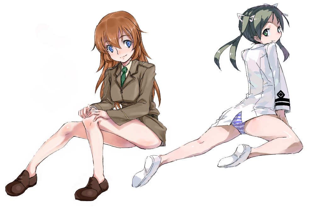 kirisato itsuki, charlotte e. yeager, francesca lucchini, strike witches, world witches series, bad id, bad pixiv id, 00s, 2girls, black hair, blue eyes, brown hair, green eyes, multiple girls, panties, sitting, striped clothes, striped panties, twintails, underwear