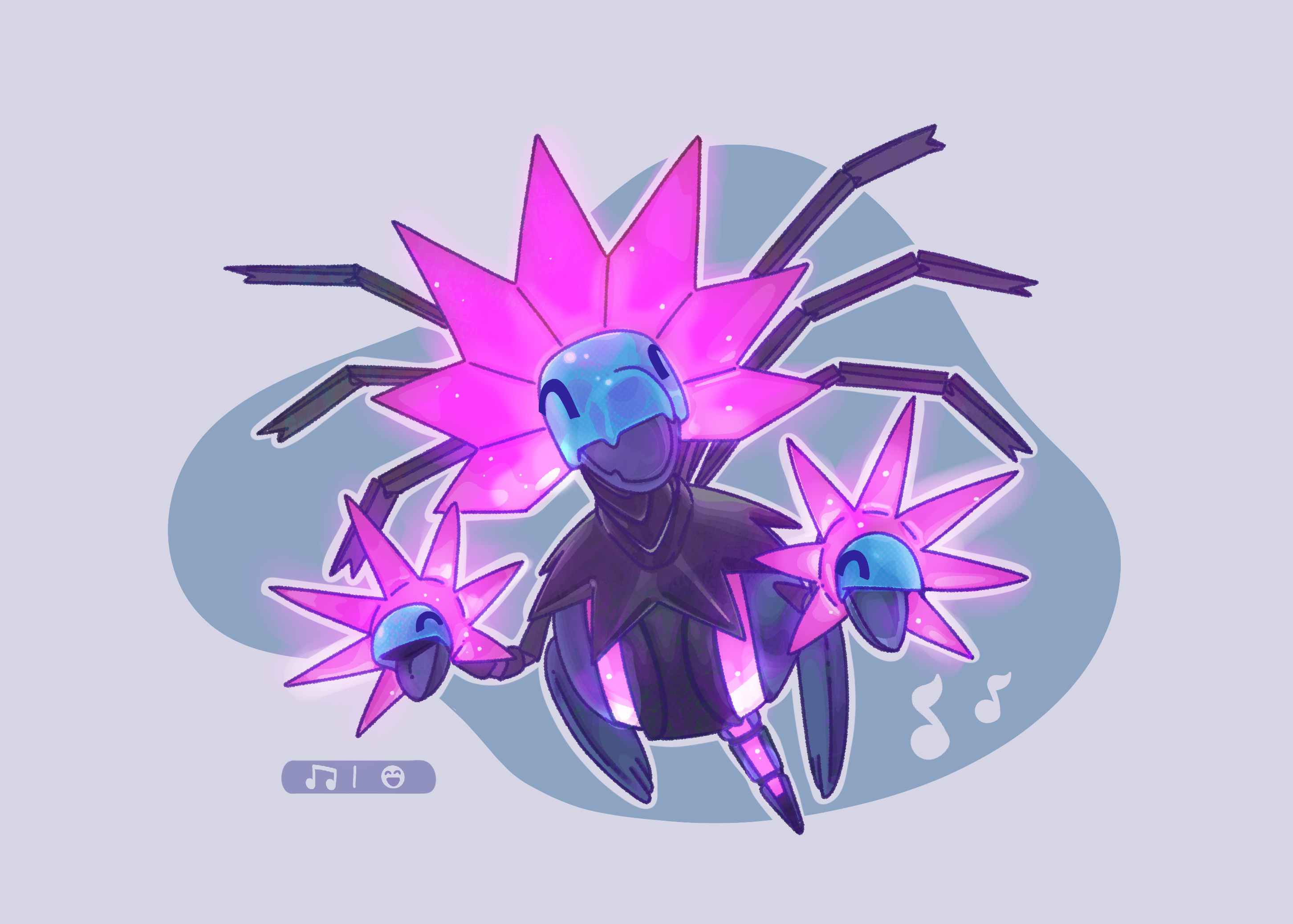 iron jugulis, nintendo, pokemon, commentary request, highres, ^ ^, closed eyes, fangs, full body, multiple heads, musical note, no humans, non-humanoid robot, open mouth, osakana misa, pokemon (creature), pokemon focus, robot, robot dragon, simple background, skin fangs, smile, solo