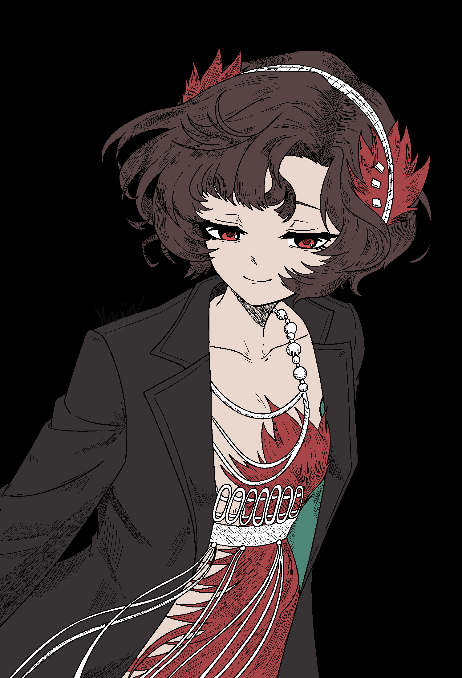 hyojin en, schneider (reverse:1999), reverse:1999, highres, 1girl, black background, black coat, black hair, coat, dress, feather dress, feather hair ornament, feathers, flat color, hair ornament, hairband, half-closed eyes, jewelry, looking at viewer, necklace, open clothes, open coat, red dress, red eyes, red feathers, short hair, smile, solo, upper body, white hairband