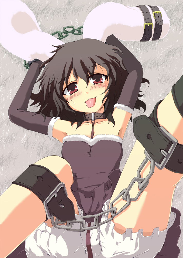 nejime, inaba tewi, touhou, bad id, bad pixiv id, 1girl, animal ears, bdsm, blush, bondage, bound, chain, collar, cruelty to animals, female focus, rabbit ears, solo, tongue