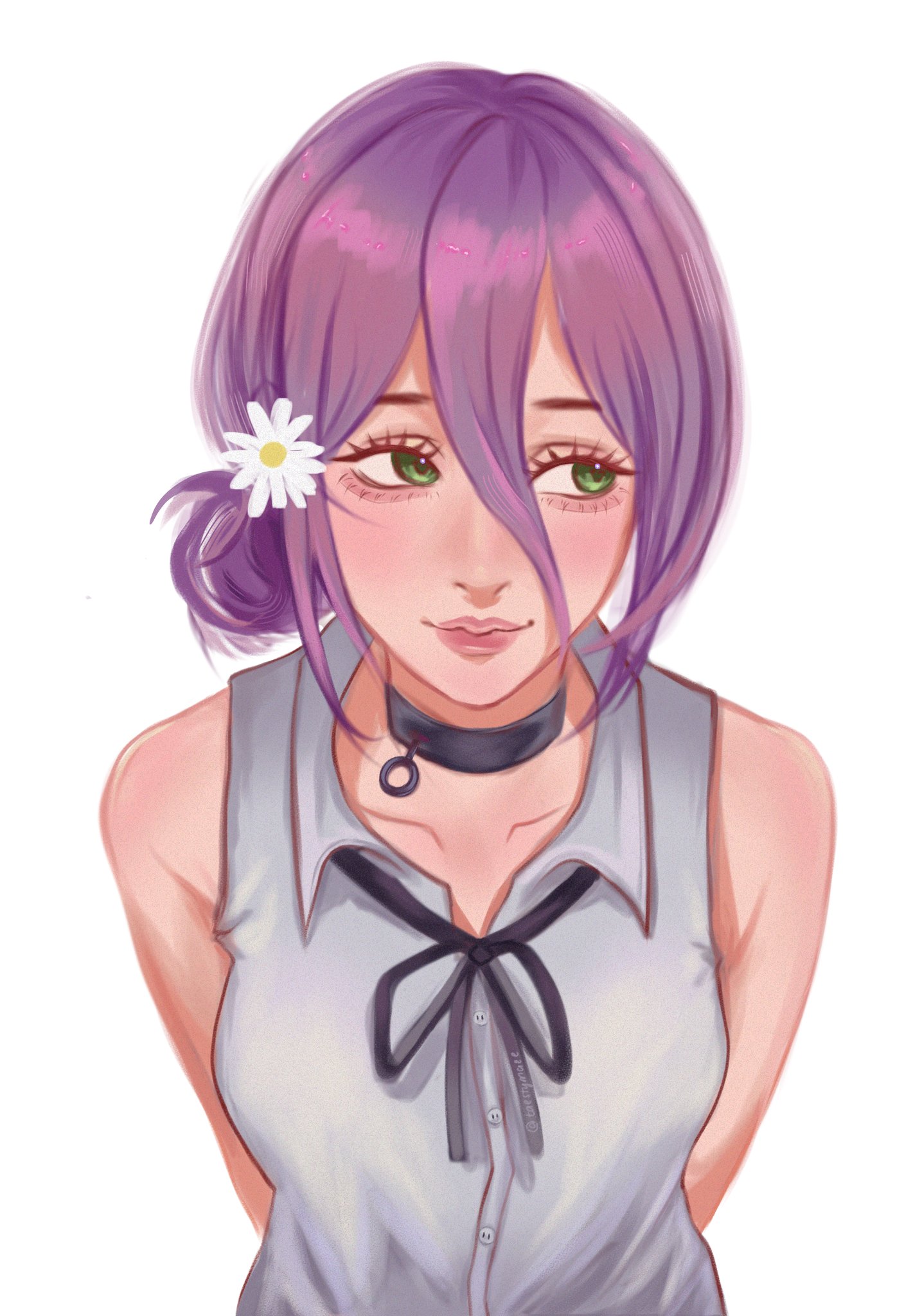 taestymaee, reze (chainsaw man), chainsaw man, highres, 1girl, arms behind back, black ribbon, closed mouth, flower, green eyes, grey shirt, hair between eyes, hair flower, hair ornament, neck ribbon, purple hair, ribbon, shirt, simple background, sleeveless, sleeveless shirt, solo, white background, white flower
