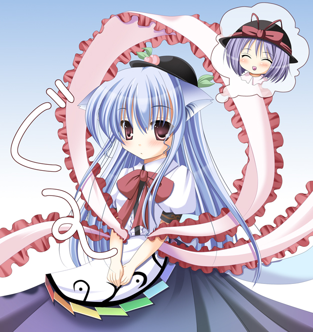 hiyori-o, hinanawi tenshi, nagae iku, touhou, bad id, bad pixiv id, 2girls, animal ears, blue hair, blush, cat ears, cat girl, female focus, food, fruit, gradient background, hat, kemonomimi mode, multiple girls, peach, red eyes, ribbon, shawl, standing, white background