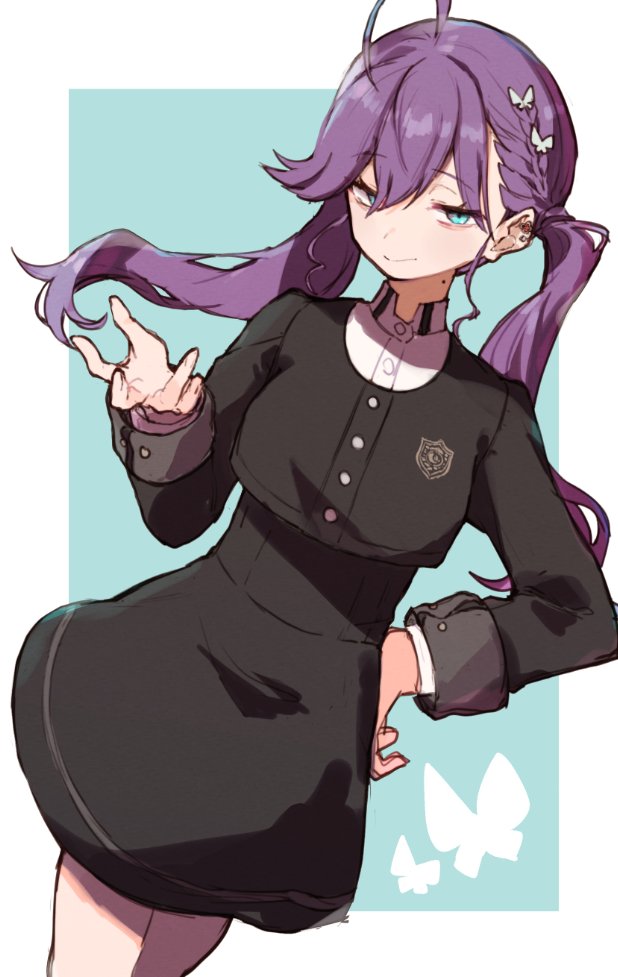 jamir, kaya rinha, gakuen idolmaster, idolmaster, commentary request, 1girl, ahoge, black jacket, blue background, blue eyes, breasts, bug, butterfly, butterfly hair ornament, cowboy shot, gokugetsu academy school uniform, hair between eyes, hair ornament, hand on own hip, insect, jacket, long hair, long sleeves, looking at viewer, mole, mole on neck, purple hair, school emblem, school uniform, simple background, solo, twintails