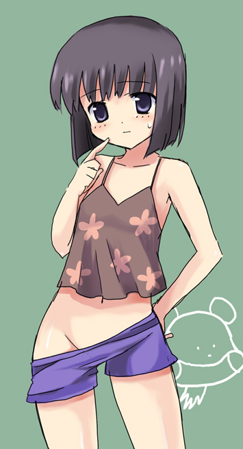 teu (navy), machi youko, bokurano, bad id, bad pixiv id, 1girl, black eyes, black hair, blush, bob cut, camisole, clothes pull, female focus, flat chest, groin, hand on own hip, hip focus, short hair, shorts, shorts pull, solo, sweatdrop