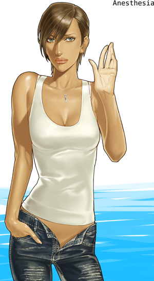 fugi jis, anesthesia, anesthesia (rumble roses), rumble roses, 1girl, brown hair, casual, dark-skinned female, dark skin, denim, female focus, jeans, open fly, pants, short hair, solo, tan, tank top, unzipped, waving