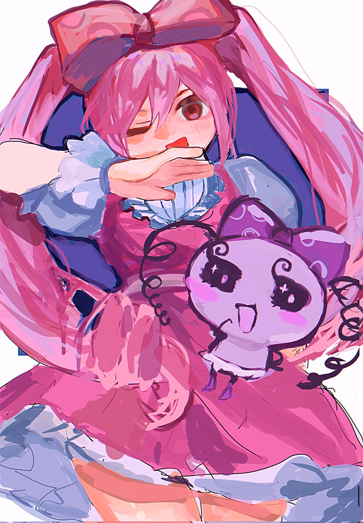 tokkooyaku, sweetheart (omori), omori, commentary request, corrupted twitter file, highres, 1boy, 1girl, ;d, belt, blush stickers, border, bow, breasts, chromatic aberration, cowboy shot, double-parted bangs, dress, frilled sleeves, frilled wrist cuffs, frills, from below, hair between eyes, hair bow, long hair, looking at viewer, ojou-sama pose, one eye closed, open mouth, outside border, pessi (omori), petticoat, pink belt, pink bow, pink dress, puffy short sleeves, puffy sleeves, purple background, red eyes, shirt, short dress, short sleeves, simple background, small breasts, smile, solo focus, standing, twintails, very long hair, white border, white shirt, white wrist cuffs, wrist cuffs