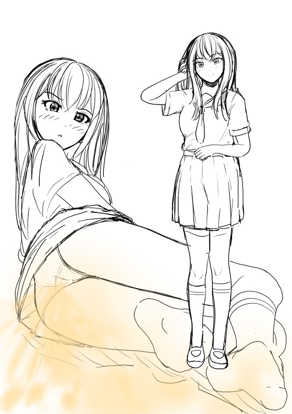 aoi toyomimasu, ichinomiya asumi, 1girl, anus, ass, ass focus, black hair, blue eyes, fart, huge ass, legs, long hair, lying, panties, perineum, school uniform, shirt, skirt, smile, socks, standing, underwear