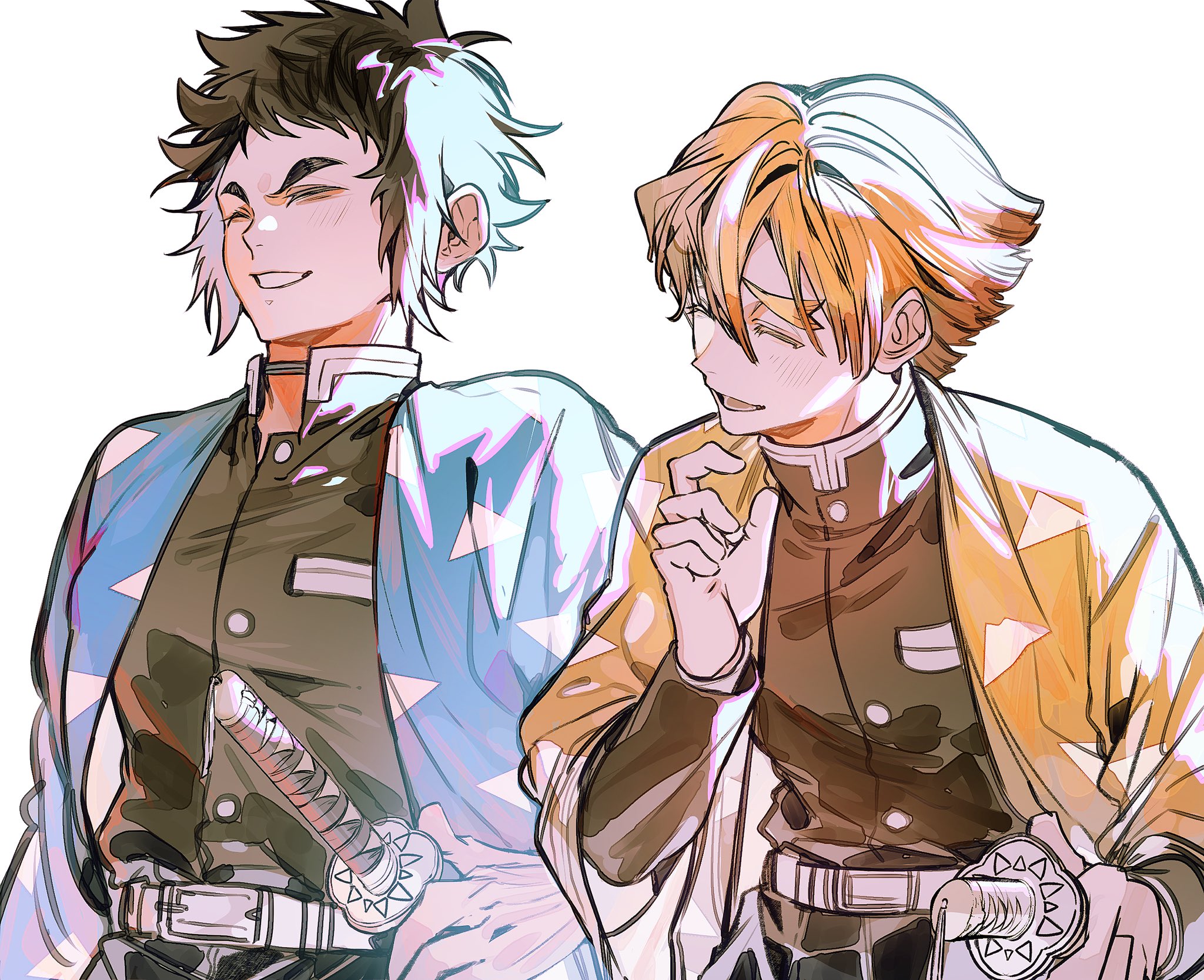 ikaooi1, agatsuma zenitsu, kaigaku, kimetsu no yaiba, highres, 2boys, belt, black hair, black jacket, black pants, blonde hair, blue haori, closed eyes, demon slayer uniform, grin, haori, high collar, jacket, japanese clothes, laughing, male focus, multiple boys, open mouth, pants, short hair, simple background, smile, spiked hair, teeth, triangle print, upper body, white background, white belt, yellow haori