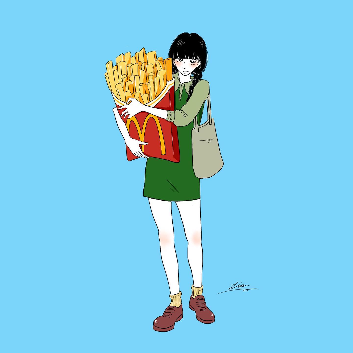 lisa (illustsan430), mcdonald's, original, commentary request, highres, 1girl, ankle socks, artist name, bag, bare legs, black eyes, black hair, blue background, blunt bangs, blush, braid, bright pupils, brown shoes, closed mouth, collared dress, dress, fast food, food, french fries, full body, green dress, grey bag, hair over shoulder, holding, holding food, hugging object, logo, long hair, looking at viewer, low twin braids, oversized food, oversized object, shoes, short dress, shoulder bag, signature, simple background, smirk, socks, solo, standing, three-quarter sleeves, tote bag, twin braids, white pupils, yellow socks