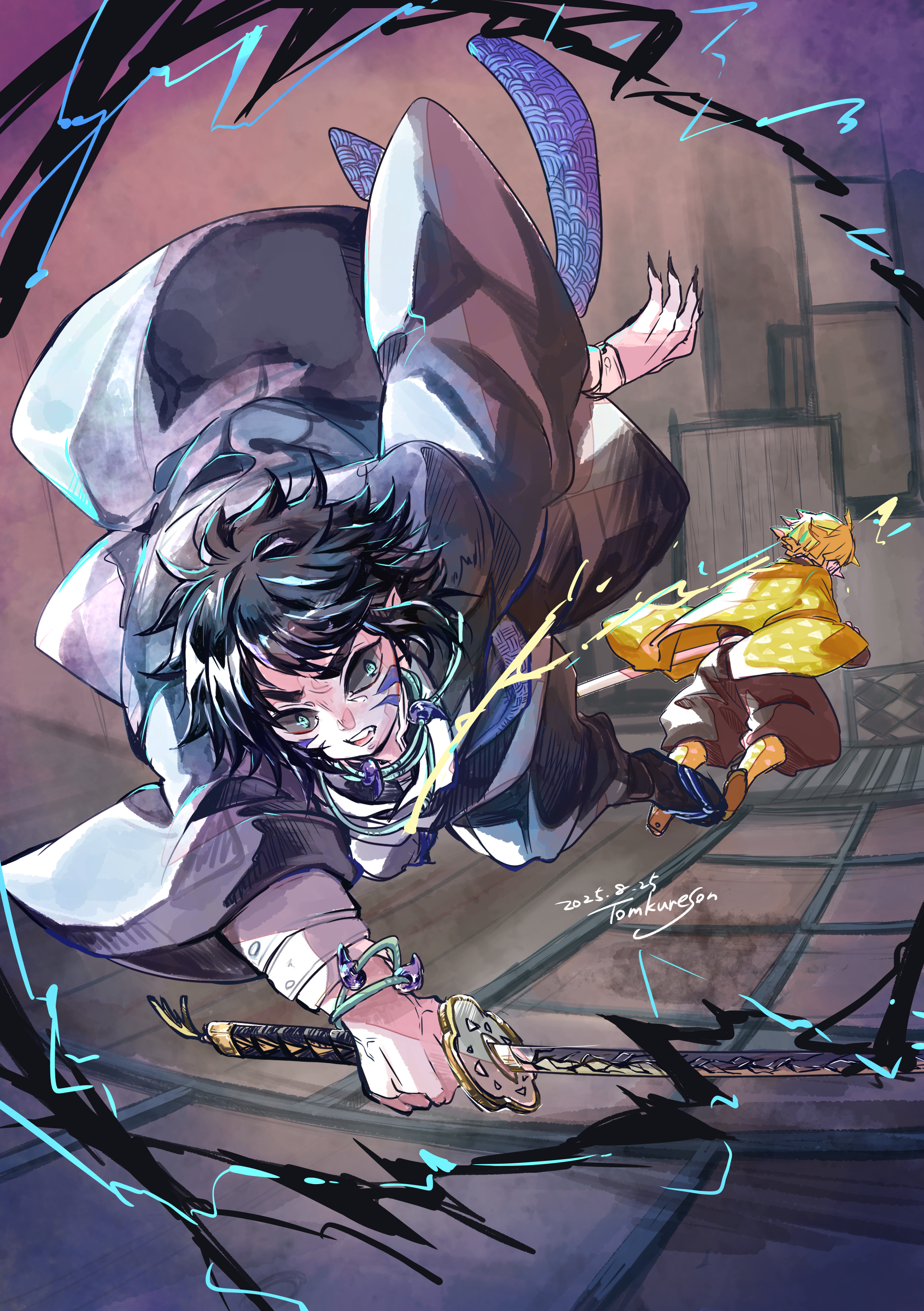 tomkureson, agatsuma zenitsu, kaigaku, kimetsu no yaiba, absurdres, highres, 2boys, battle, black hair, black pants, colored sclera, demon slayer uniform, from behind, full body, green eyes, grey sclera, haori, holding, holding sword, holding weapon, indoors, japanese clothes, jumping, katana, male focus, multiple boys, pants, short hair, sword, teeth, weapon, wide sleeves, yellow haori