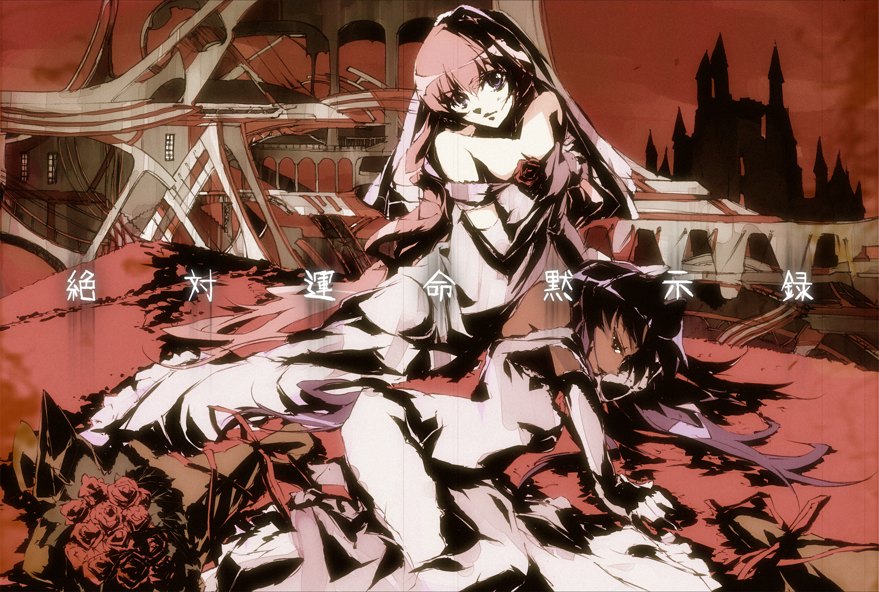 kitano yuusuke, himemiya anthy, tenjou utena, shoujo kakumei utena, shoujo kakumei utena adolescence mokushiroku, highres, 1990s (style), 2girls, dark-skinned female, dark skin, flower, multiple girls, retro artstyle, rose