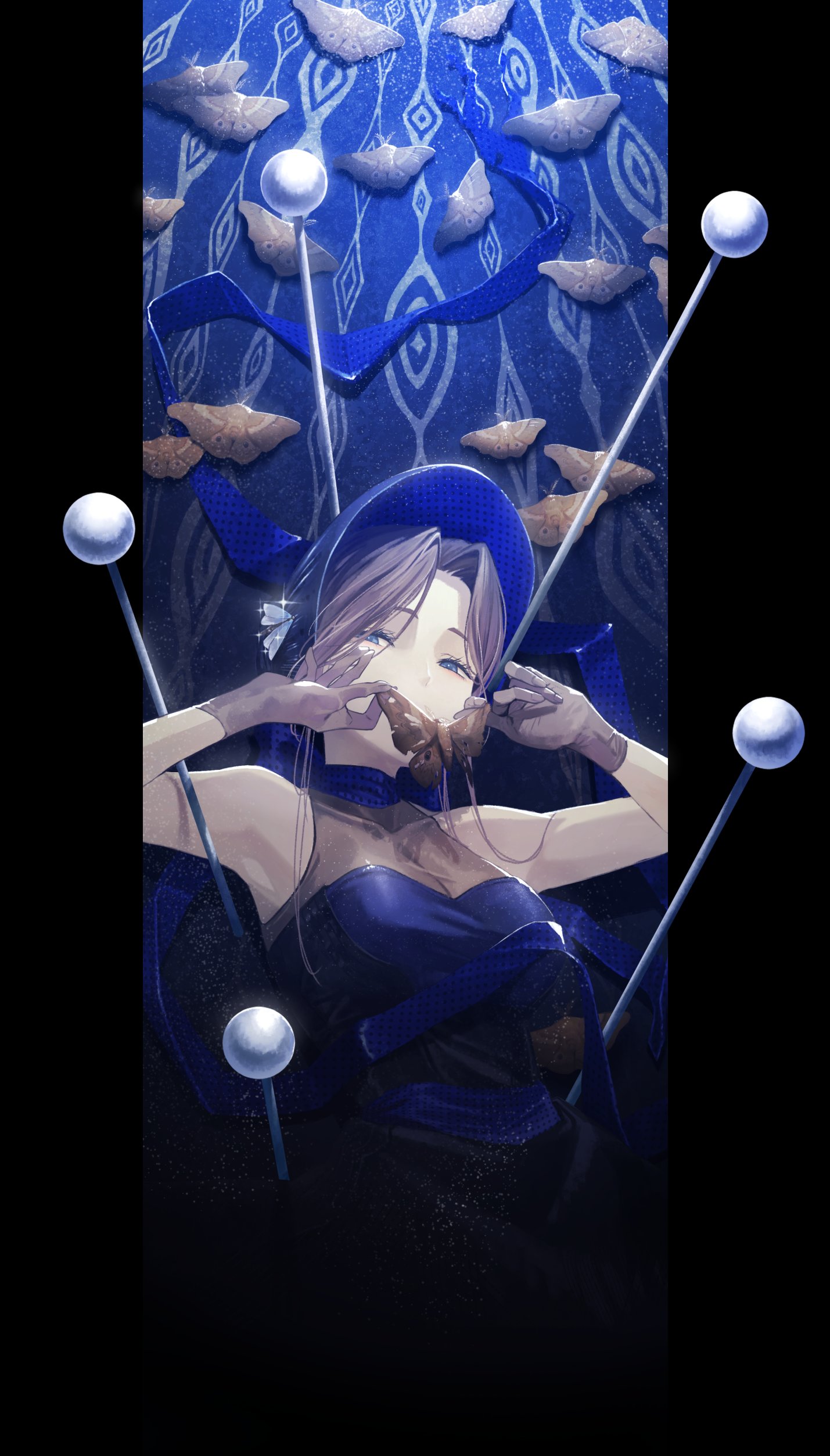 tian zhi shi shi, ms. grace (reverse:1999), reverse:1999, absurdres, highres, 1girl, animal, bare shoulders, black dress, blue background, blue eyes, blue hat, bonnet, bug, covered mouth, dress, gloves, grey gloves, grey hair, hands up, hat, holding, holding animal, insect, looking at viewer, moth, pillarboxed, pin, see-through cleavage, see-through clothes, sleeveless, sleeveless dress, solo, upper body
