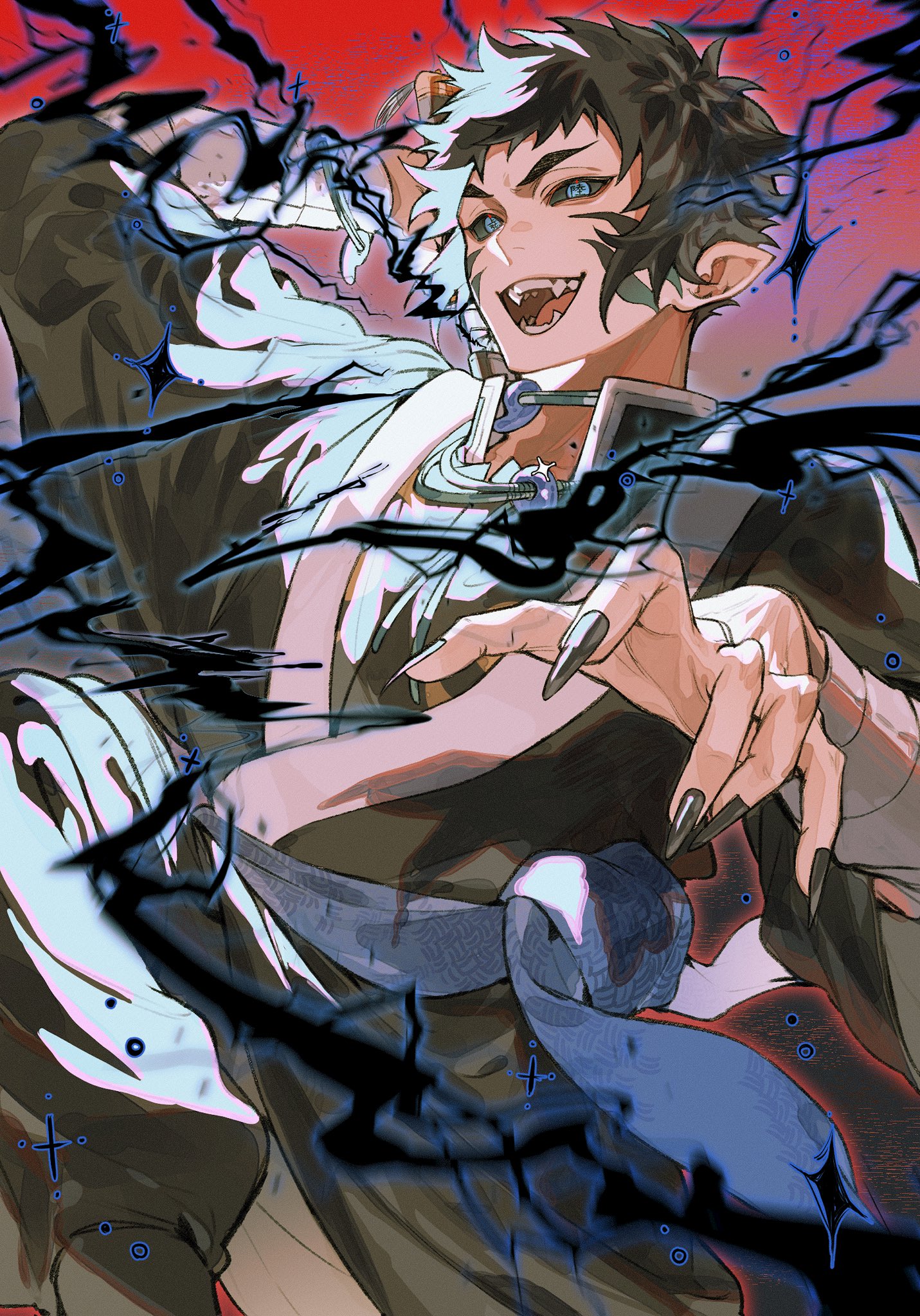 ikaooi1, kaigaku, kimetsu no yaiba, highres, 1boy, black hair, black kimono, black nails, black pants, blue eyes, colored sclera, facial tattoo, fangs, fingernails, grey sclera, holding, holding sword, holding weapon, japanese clothes, katana, kimono, magatama, male focus, open mouth, pants, red background, short hair, smile, solo, spiked hair, sword, tattoo, weapon, wide sleeves