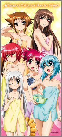 cinque (nanoha), deed (nanoha), dieci (nanoha), nove (nanoha), numbers (nanoha), sein (nanoha), wendi (nanoha), lyrical nanoha, mahou shoujo lyrical nanoha, mahou shoujo lyrical nanoha strikers, eyebrows, silver hair, lowres, 00s, 6+girls, blue eyes, blue hair, blush, breasts, brown eyes, brown hair, convenient censoring, copyright name, covered erect nipples, covering privates, embarrassed, long hair, medium breasts, missing eye, multiple girls, naked towel, navel, nude cover, open mouth, red eyes, red hair, short hair, small breasts, smile, towel, towel around waist, yellow eyes
