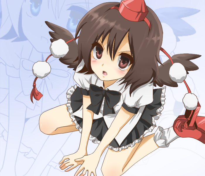 drk, shameimaru aya, touhou, 1girl, blush, female focus, geta, hat, looking at viewer, ribbon, short hair, skirt, solo, tengu-geta, wings