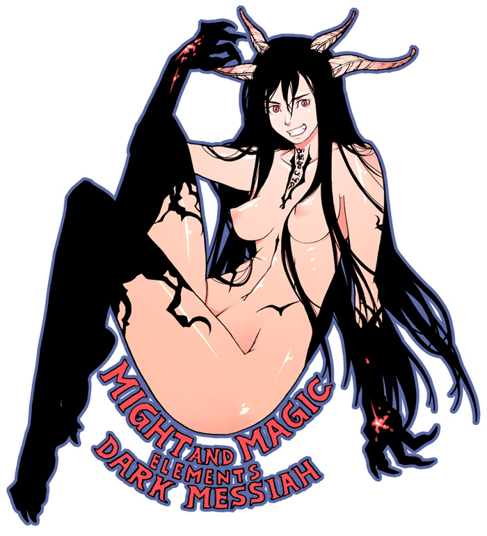 g-room honten, xana (dark messiah), dark messiah, might and magic, tagme, 1girl, black hair, breasts, censored, claws, completely nude, convenient censoring, demon, demon girl, english text, female focus, hair over breasts, horns, long hair, medium breasts, monster girl, navel, nipples, no bra, no headwear, no panties, no pants, no shoes, nude, red eyes, smile, solo, tattoo, thighhighs