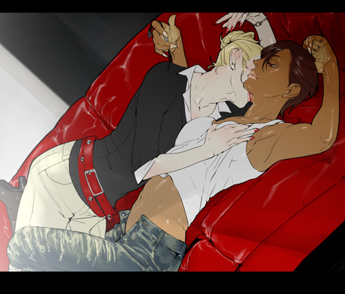 fugi jis, anesthesia, anesthesia (rumble roses), miss spencer, rumble roses, lowres, 2girls, arm up, armpits, belt, breasts, brown hair, couch, dark-skinned female, dark skin, denim, female focus, grabbing another's breast, groping, interracial, jeans, kiss, licking, lips, lipstick, makeup, midriff, multiple girls, nail polish, open fly, pants, red nails, saliva, tan, tank top, tongue, unzipped, yuri