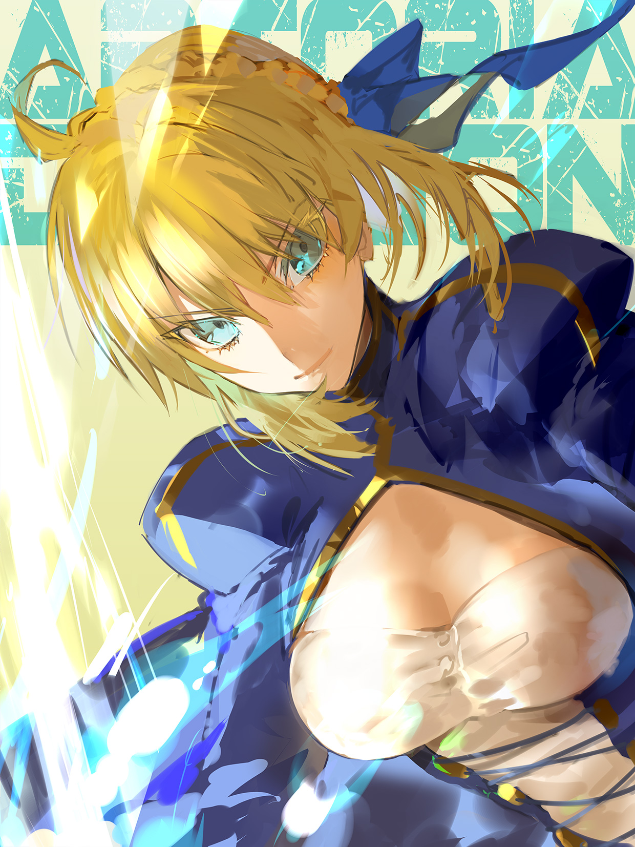 suzuhi (fullprayer), artoria pendragon (fate), saber (fate), fate/grand order, fate (series), commentary, highres, 1girl, ahoge, blonde hair, blue dress, blue ribbon, breasts, character name, cleavage, closed mouth, dress, green eyes, hair ribbon, medium breasts, puffy sleeves, ribbon, sidelocks, smile, solo