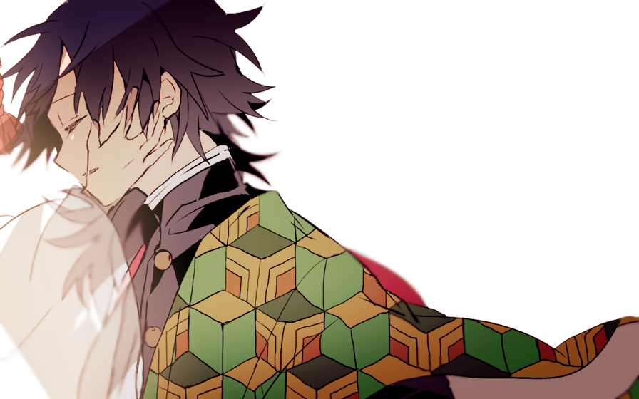 hiiragi fuyuki, tomioka giyuu, kimetsu no yaiba, 1boy, black hair, black jacket, buttons, closed eyes, demon slayer uniform, gold buttons, haori, high collar, jacket, japanese clothes, kikkoumon, low ponytail, parted lips, ponytail, print haori, red haori, simple background, solo focus, spiked hair, teeth, upper body, white background