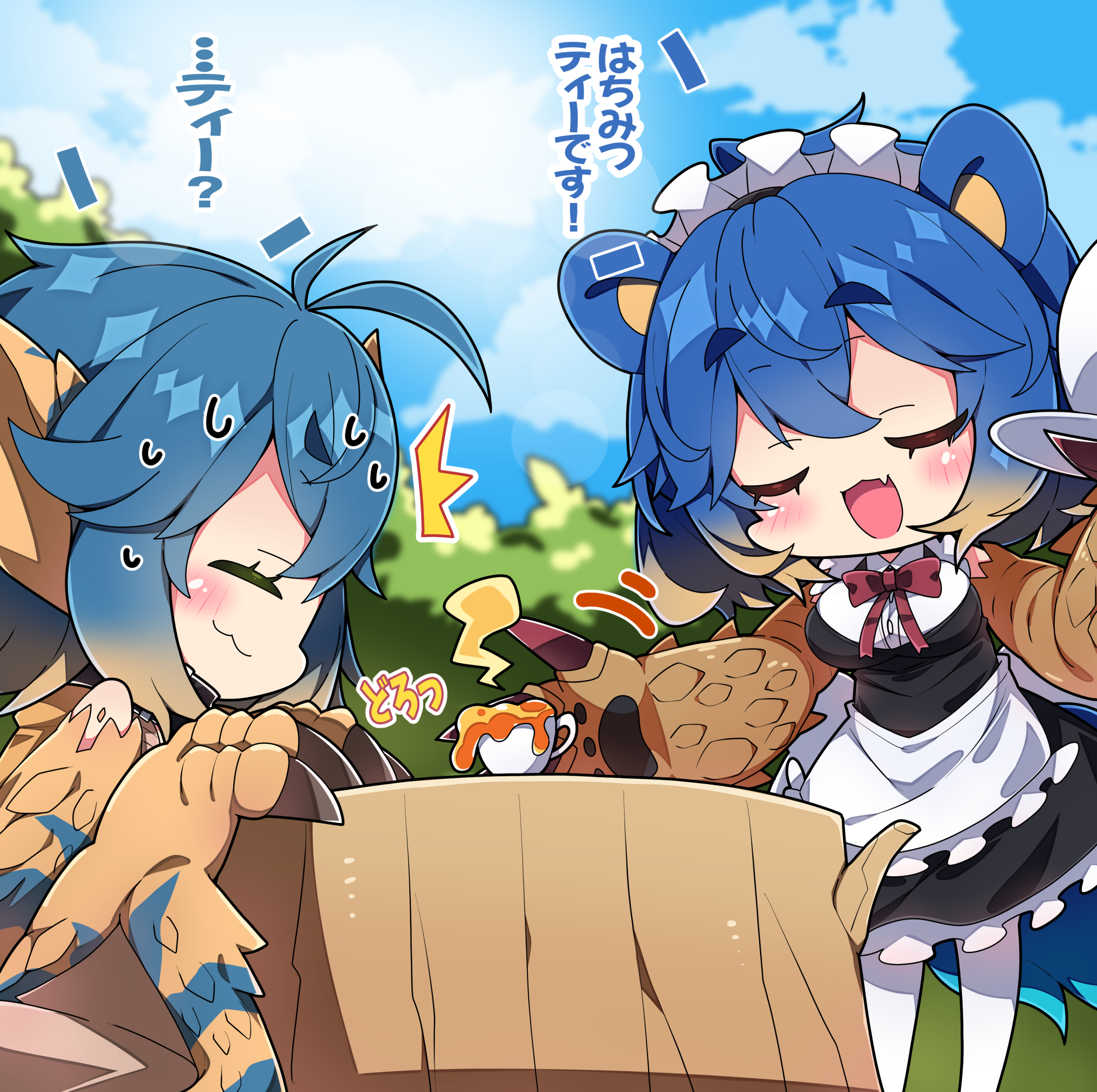 milkpanda, arzuros, tigrex, monster hunter (series), commentary request, highres, translation request, 2girls, :d, animal ears, apron, black dress, blue hair, blue sky, blush, bow, breasts, brown hair, closed eyes, closed mouth, cloud, cloudy sky, cup, day, dress, fang, frilled apron, frills, gradient hair, honey, large breasts, multicolored hair, multiple girls, open mouth, outdoors, pantyhose, personification, profile, red bow, shirt, short eyebrows, sky, smile, standing, thick eyebrows, white apron, white pantyhose, white shirt