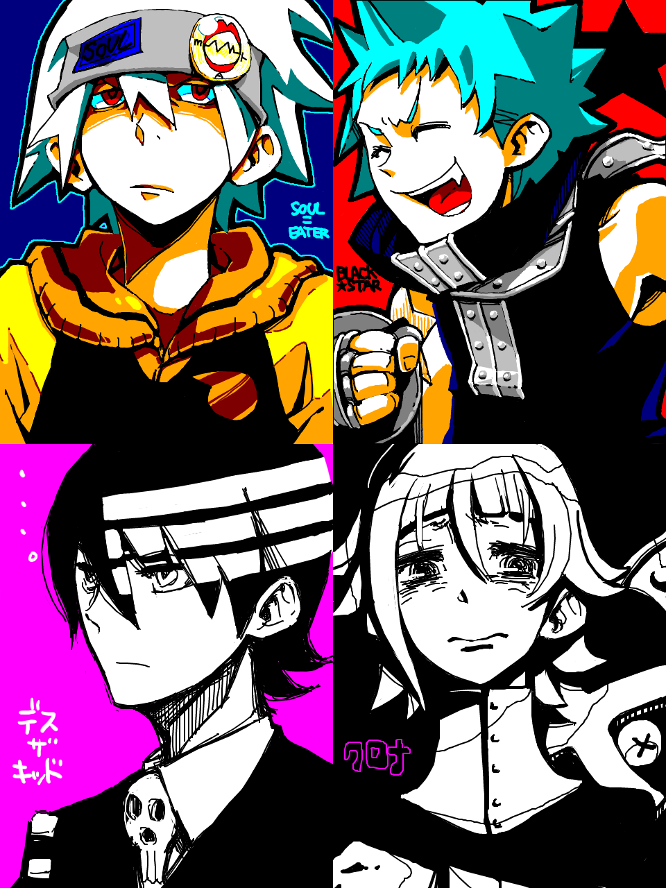 kan (tachi), black star, crona (soul eater), death the kid, soul evans, soul eater, highres, 00s, 3boys, androgynous, headband, long sleeves, looking at viewer, male focus, multiple boys, spikes, upper body, white background