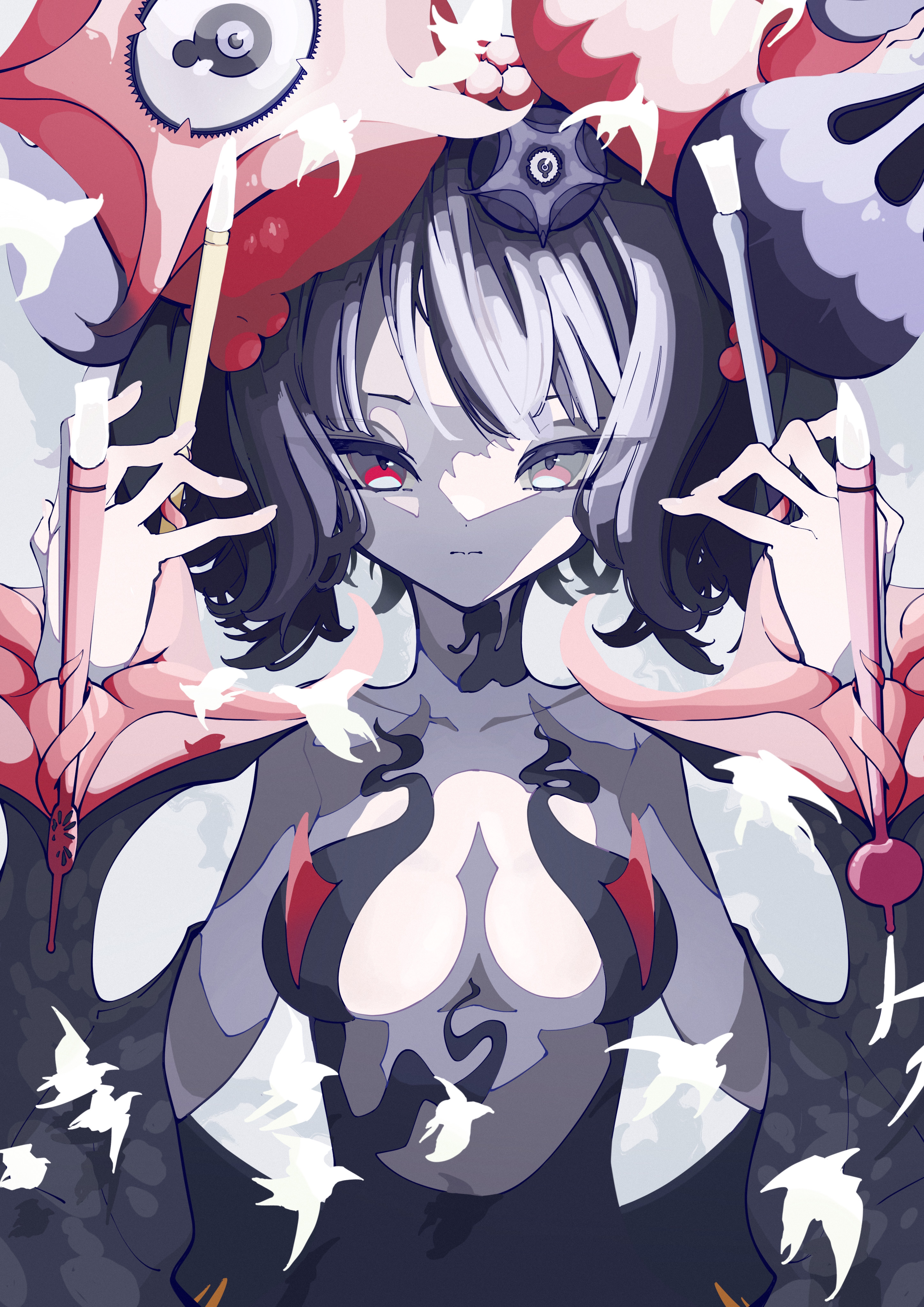 iregui kamo, katsushika hokusai (fate), katsushika hokusai (third ascension) (fate), fate/grand order, fate (series), absurdres, commentary, highres, 1girl, bare shoulders, black dress, black hair, breasts, calligraphy brush, closed mouth, collarbone, dress, expressionless, hair bun, hair ornament, hairpin, hands up, holding, holding paintbrush, looking at viewer, medium breasts, medium hair, paintbrush, pale skin, single hair bun, solo, split mouth, straight-on, suction cups, tsurime, upper body