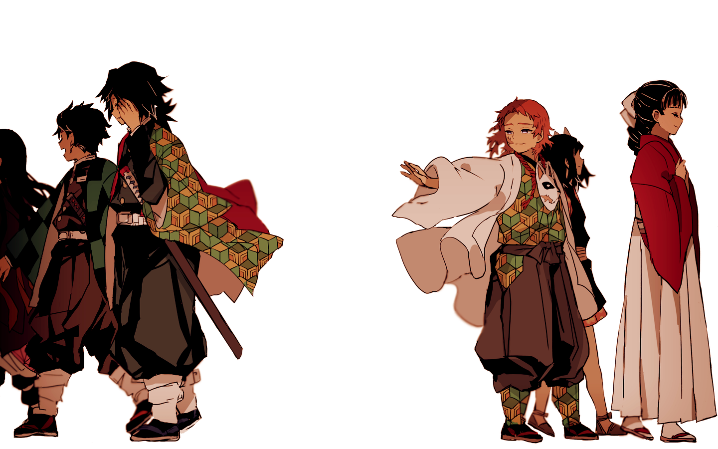 hiiragi fuyuki, kamado nezuko, kamado tanjirou, makomo (kimetsu), sabito (kimetsu), tomioka giyuu, tomioka tsutako, kimetsu no yaiba, 3boys, 3girls, black hair, black hakama, black jacket, black pants, black socks, buttons, closed mouth, demon slayer uniform, full body, gold buttons, hakama, haori, high collar, jacket, japanese clothes, kikkoumon, low ponytail, multiple boys, multiple girls, orange hair, pants, ponytail, print haori, red haori, sandals, simple background, smile, socks, spiked hair, walking, white background, white socks